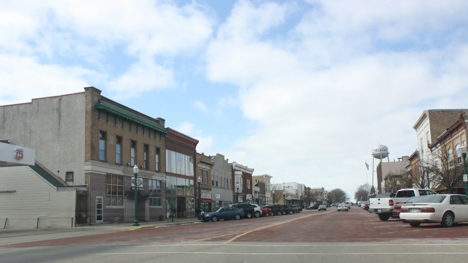 Historic brick-paved downtown street in Delavan, Wisconsin